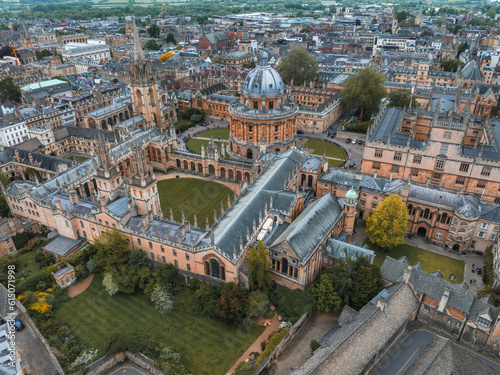 Aerial view over the city of Oxford with Oxford University. Radcliffe Camera and All Souls College, Oxford University, Oxford, UK © Aerial Film Studio