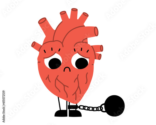 Hand drawn cute illustration heart in shackle and iron ball with chain. Flat vector addiction concept, emotional dependence symbol character in doodle style. Mental health sticker or print. Isolated.