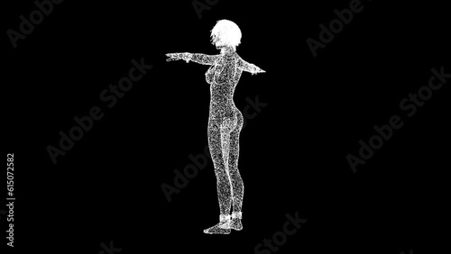 3D Sexy lady in BDSM outfit rotates on black bg. Object dissolved flickering particles. BDSM accessory, Nipple clasp, metal chain. BDSM concept. For title, text, presentation. 3D animation 60 FPS photo