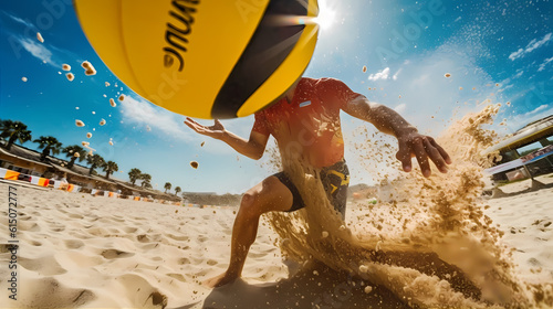 A zoomed-in shot of a beach volleyball match, where the ball is caught mid-air, frozen in time