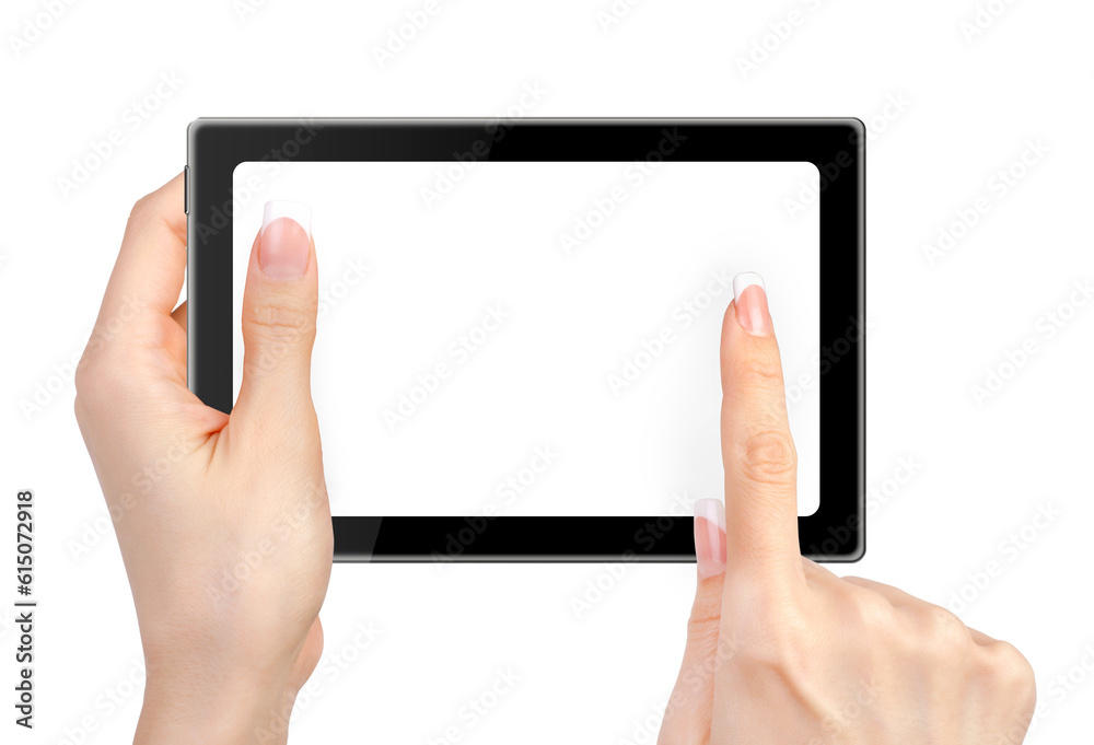  Female hands holding and touching on tablet pc isolated on white background.