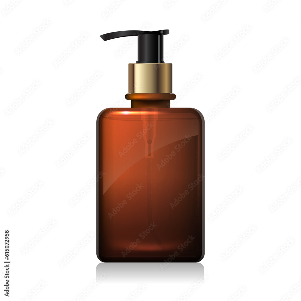 Clear brown glass bottle with golden pump with liquid inside isolated on white background. Square shape dark amber packaging. Shampoo, sanitizer, soap dispenser. 3d vector bottle mockup template Clear brown glass bottle with golden pump with liquid inside isolated on white background. Square shape dark amber packaging. Shampoo, sanitizer, soap dispenser. 3d vector bottle mockup template