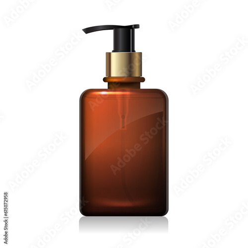 Clear brown glass bottle with golden pump with liquid inside isolated on white background. Square shape dark amber packaging. Shampoo, sanitizer, soap dispenser. 3d vector bottle mockup template