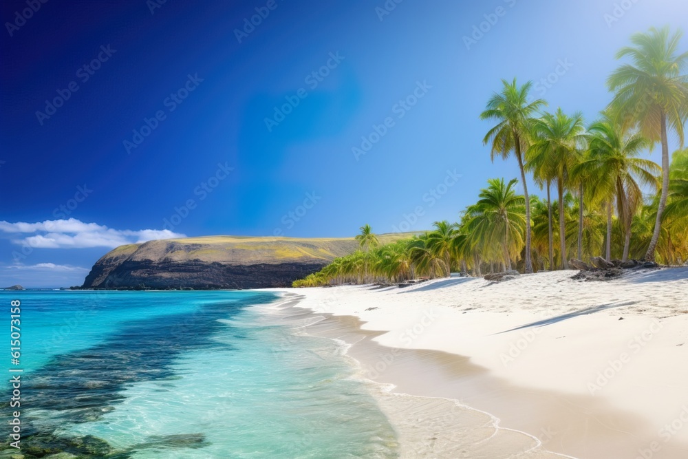Tropical beach with and island in the middle with teal waters