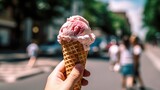 Person holding a strawberry ice cream cone on the street. Summer and holiday concept