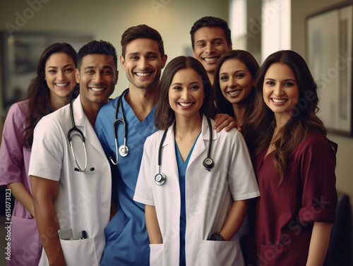 happy multiracial medical professionals standing in hospital, group portrait, AI generative