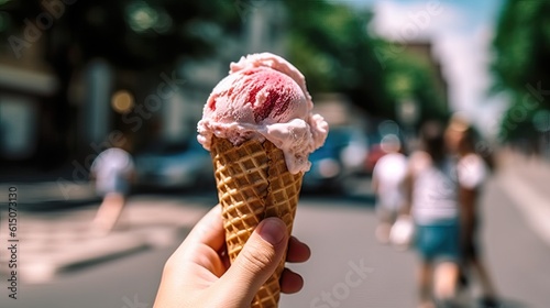 Person holding a strawberry ice cream cone on the street. Summer and holiday concept