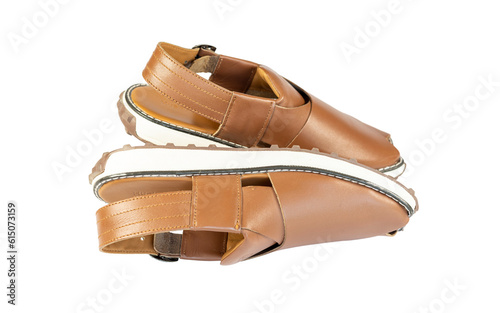 Peshawari traditional leather chappal or flipflop footwear isolated on white background photo
