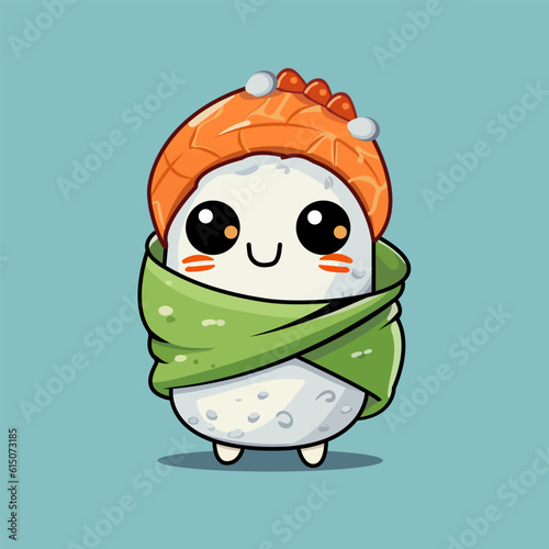 Illustration of a cute sushi character with cabbage wrapped around it.