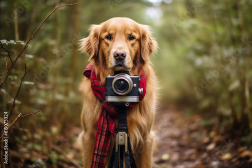 Generative AI. Golden Retriever is a professional photographer. Concept pets learn people's professions. A dog with a camera on a tripod in a summer green park.