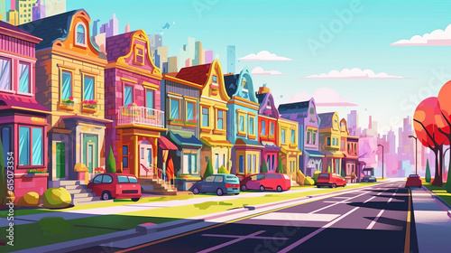 Colorful street full of houses of all colors illustration background © Keitma