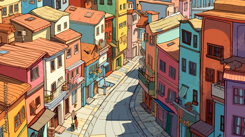 Colorful street full of houses of all colors illustration background