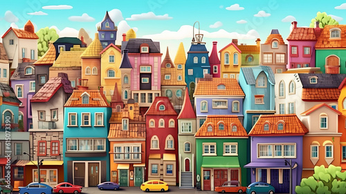 Colorful street full of houses of all colors illustration background