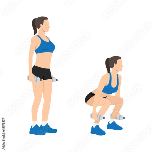 Woman character doing Water bottle squats exercise. Flat vector illustration isolated on white background