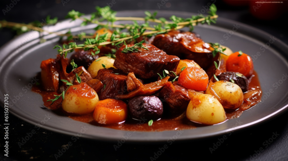 Beef bourguignon plate a traditional French beef stew in red wine sauce and vegetables