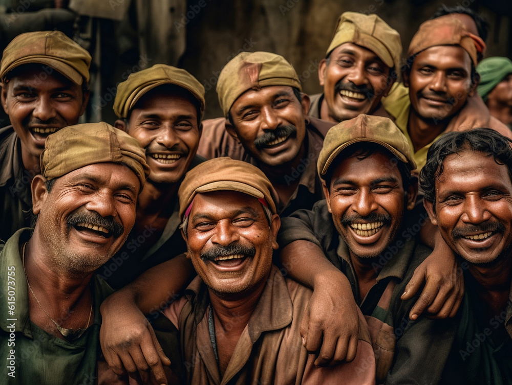 Group of poor but happy smiling Indian or bangladesh workers, low paid work concept, AI generative Group of poor but happy smiling Indian or bangladesh workers, low paid work concept, AI generative