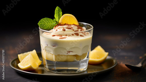 Lemon fruits tiramisu dessert close-up view photo