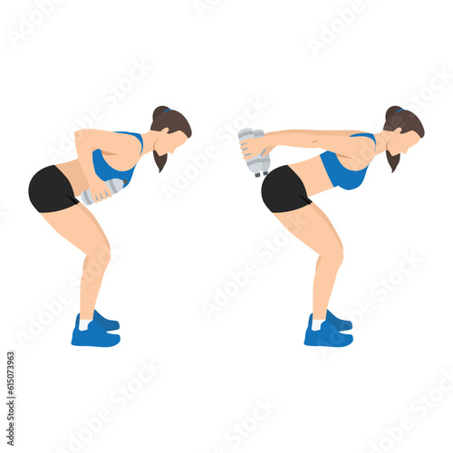 Woman doing Bent over double arm tricep kickbacks with water bottle exercise. Flat vector illustration isolated on white background