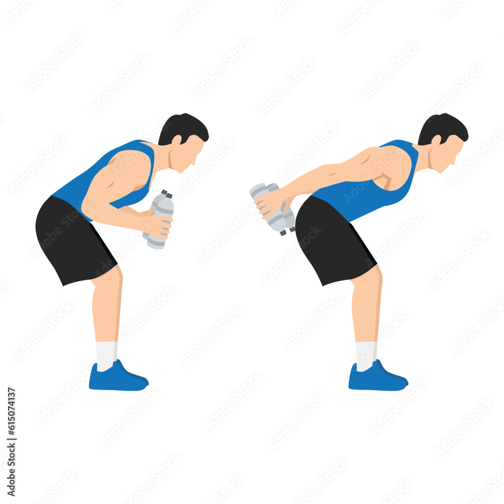 Man doing Bent over double arm tricep kickbacks with water bottle exercise. Flat vector illustration isolated on white background Man doing Bent over double arm tricep kickbacks with water bottle exercise. Flat vector illustration isolated on white background