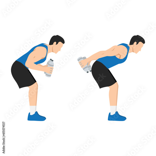 Man doing Bent over double arm tricep kickbacks with water bottle exercise. Flat vector illustration isolated on white background