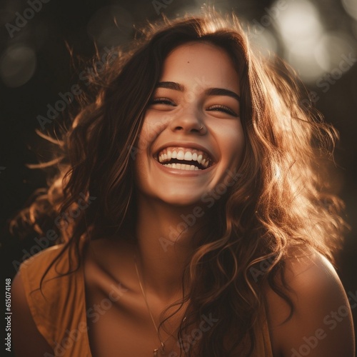 Outdoor portrait of a smiling long-haired girl. Happy cheerful girl laughing at park