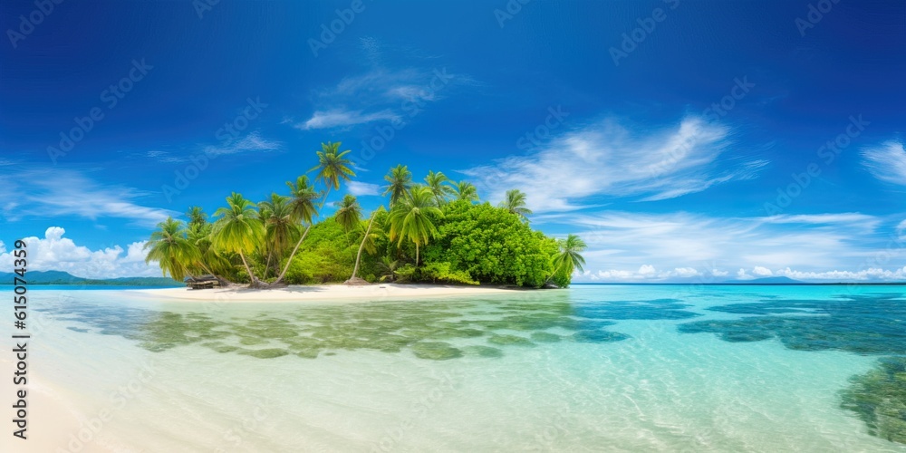 Tropical beach with and island in the middle with teal waters