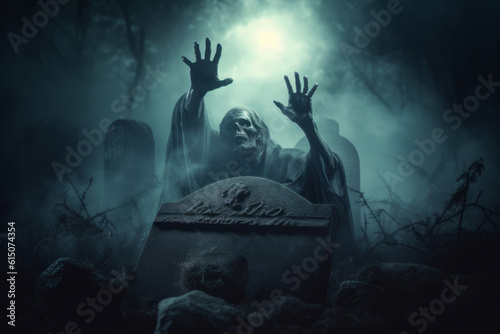 Silhouette of a zombie skeleton hand reaching from a spooky cemetery grave