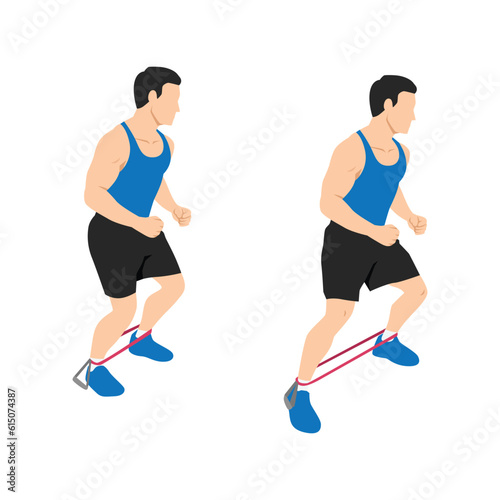 Man doing Resistance band side steps exercise. Flat vector illustration isolated on white background