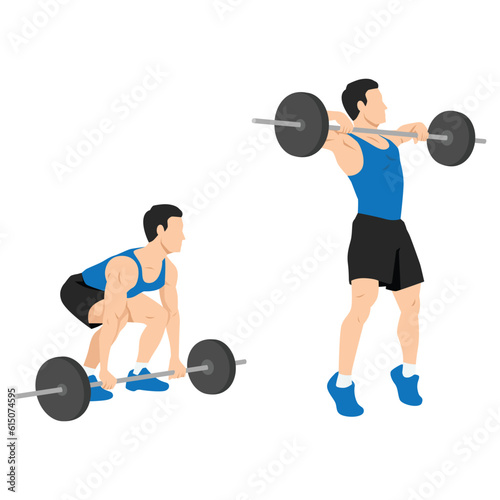 Man doing Barbell high pull exercise. Flat vector illustration isolated on white background