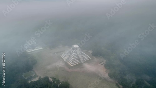 Fog Rolling over Chitchen Itza History Historic Ruins Drone Aerial Cinematic South America Flying  photo