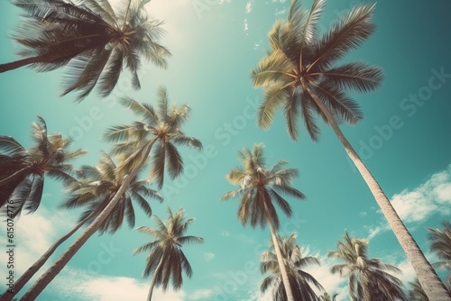 Palm trees views from below in a idyllic beach