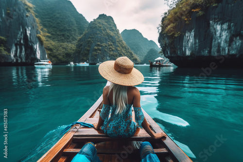 Woman wearing a hat and travelling on a boat through Asia. Thailand. Summer holiday and vacation concept