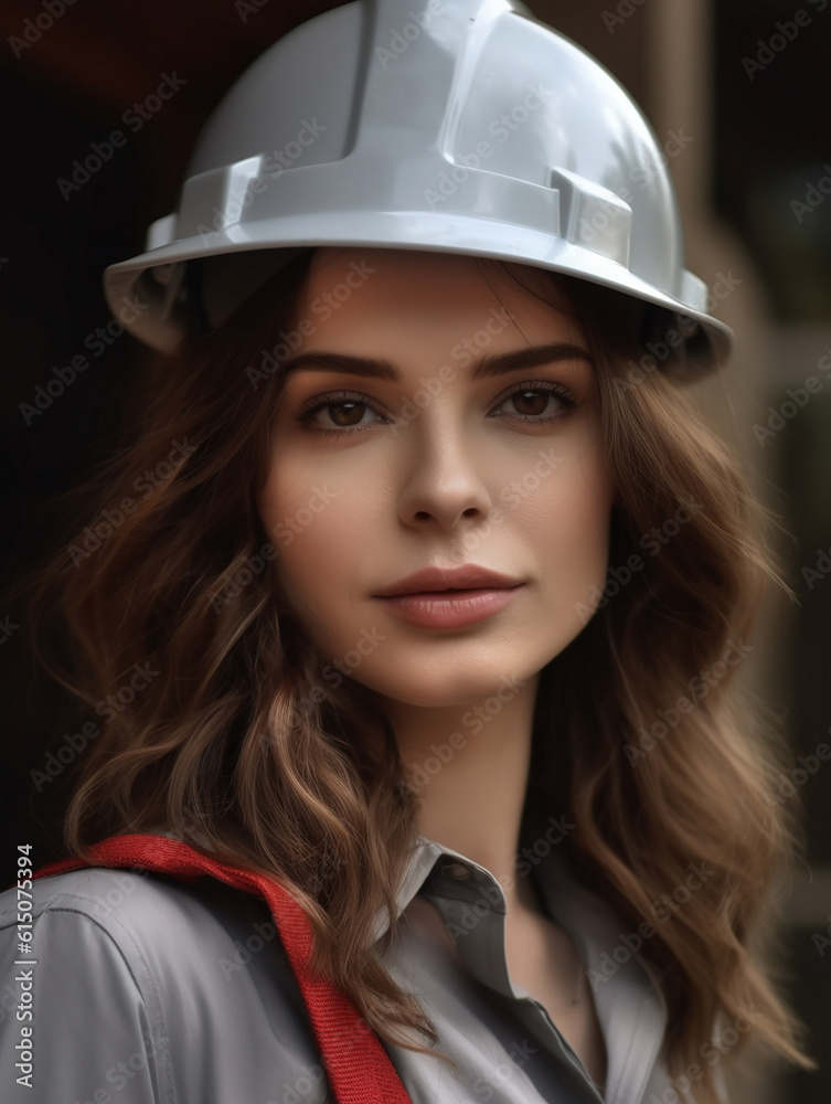 Portrait of engineer woman with helmet. Close-up of female contractor or entrepreneur, outdoor shot, AI generative Portrait of engineer woman with helmet. Close-up of female contractor or entrepreneur, outdoor shot, AI generative