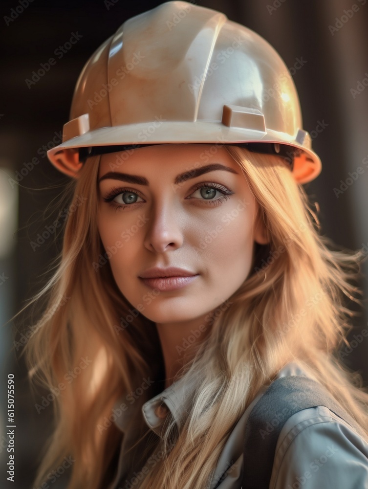 Portrait of engineer woman with helmet. Close-up of female contractor or entrepreneur, outdoor shot, AI generative Portrait of engineer woman with helmet. Close-up of female contractor or entrepreneur, outdoor shot, AI generative