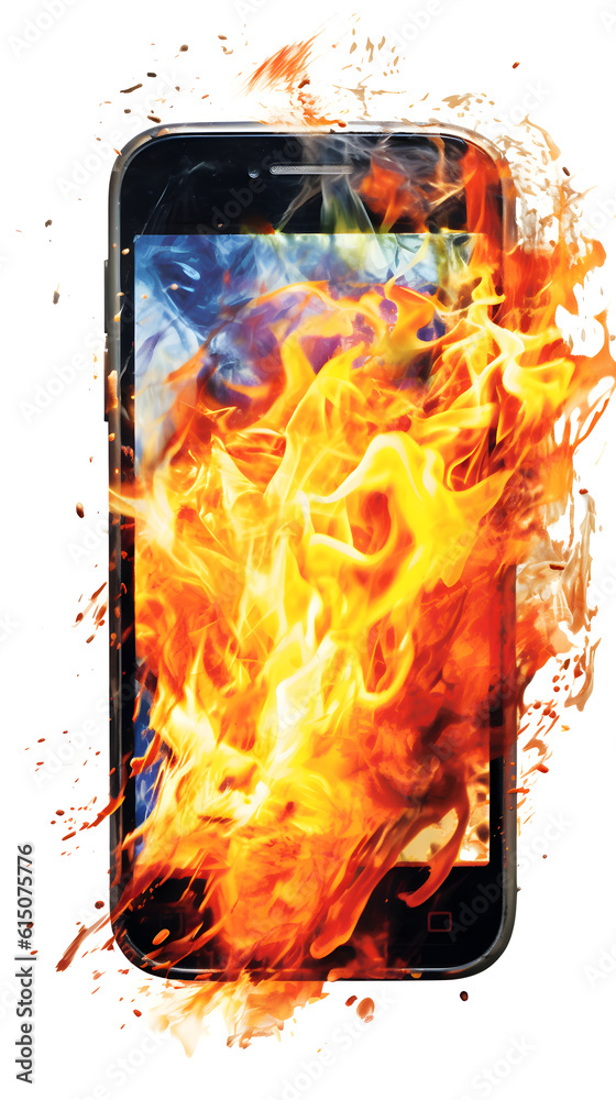 Burning phone with flames, close-up smartphone on fire, danger and ...