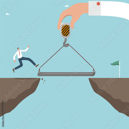 Assistance and support in solving difficult situations and work tasks, searching for new opportunity, teamwork to develop business and achieve goals, big hand like a crane helps man to overcome cliff.