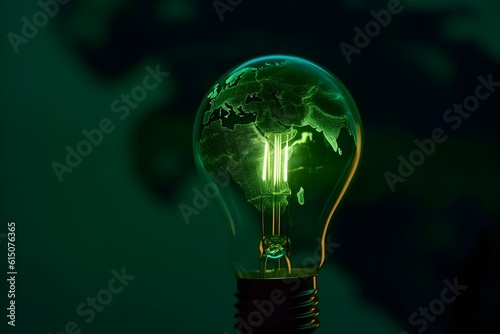 Green world map on the light bulb on a green background.Green energy symbol, Generative AI
