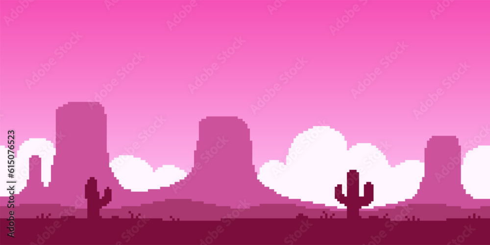 Colorful simple vector pixel art horizontal illustration of pink maroon landscape of the Great American Desert with rocks and cacti in retro platformer style