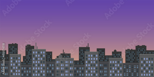 Colorful simple vector pixel art seamless endless horizontal illustration of city high rise buildings under the morning sky in retro platformer style. Arcade screen for game design