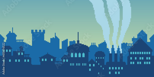 Colorful simple vector pixel art horizontal illustration of silhouette of city buildings. Cityscape in the style of a platformer