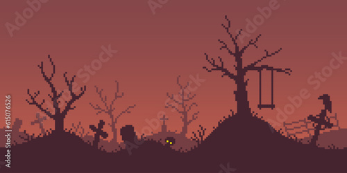 Colorful simple vector pixel art horizontal illustration of cemetery, graves, dry tree with a childrens swing in the style of retro platformer video game level. Cartoon spooky halloween cemetery