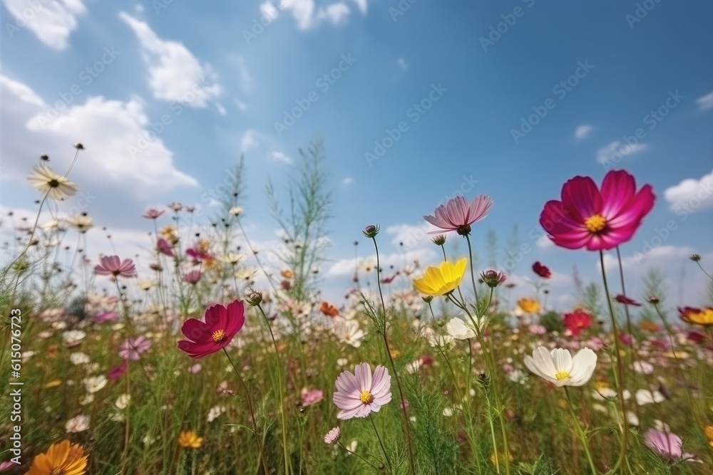 Beautiful multicolored flowers in meadow in spring summer nature against blue sky. Ai generative. Beautiful multicolored flowers in meadow in spring summer nature against blue sky. Ai generative.