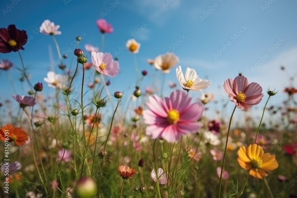 Beautiful multicolored flowers in meadow in spring summer nature against blue sky. Ai generative.