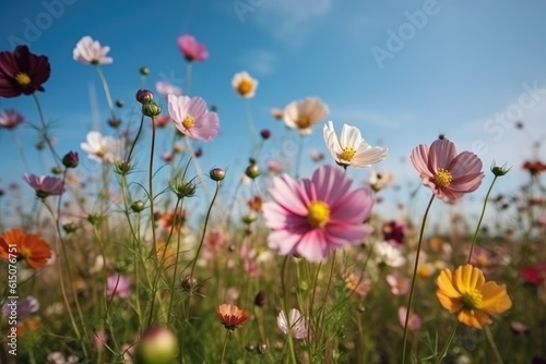 Beautiful multicolored flowers in meadow in spring summer nature against blue sky. Ai generative.