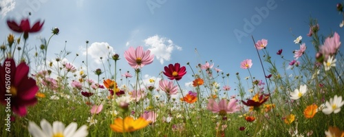 Beautiful banner multicolored flowers in meadow in spring summer nature against blue sky. Ai generative.