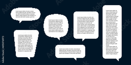 Set different shape pixel art speech bubble. Geometric texting dialogue boxes. Colored quote box speech bubble