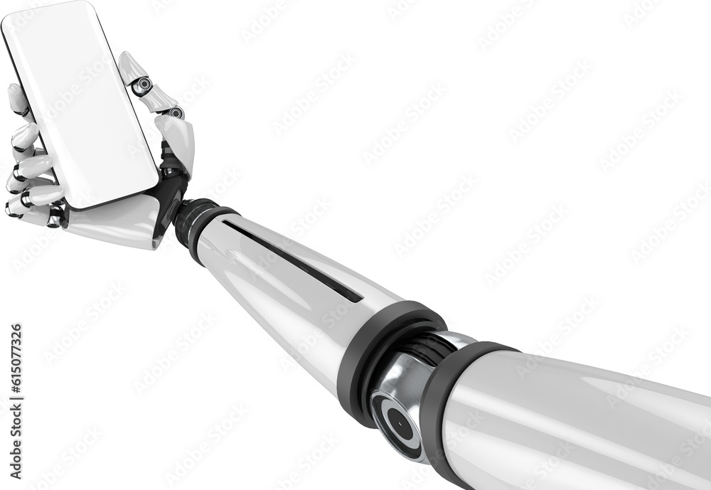 Digital png illustration of robot's arm with smartphone with blank screen on transparent background Digital png illustration of robot's arm with smartphone with blank screen on transparent background