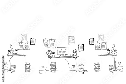 Digital png illustration of black outlined desks in office on transparent background