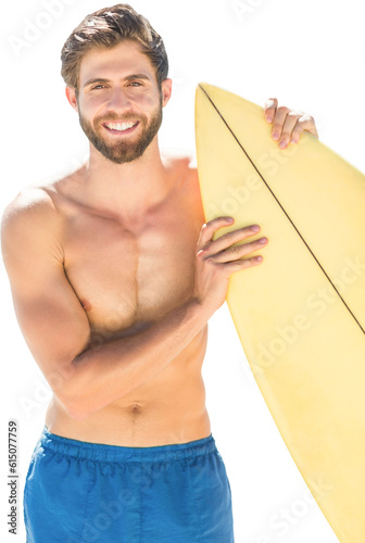 Digital png photo of caucasian surfer with surfboard in hands on transparent background