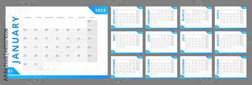 Scientific research providing desk calendar design template for 2023 year. 12 months pages set. Week starts on Sunday. Monthly custom schedule pack ready for print. Open Sans font used
